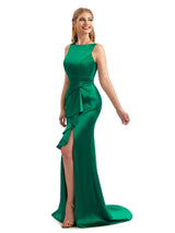 Scoop Ruffles Champagne Satin Side Slit Bridesmaid Dresses