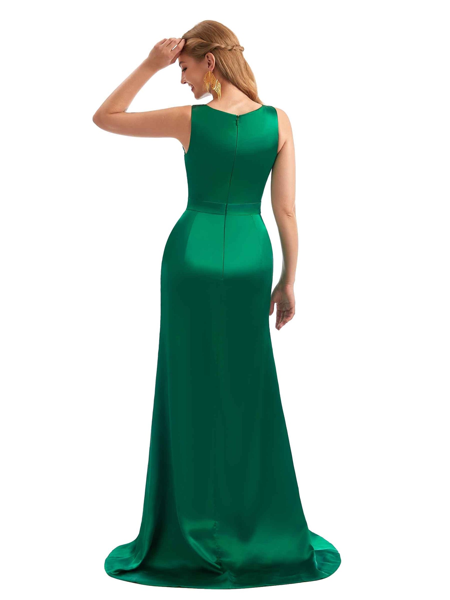 Scoop Ruffles Summer Satin Side Slit Bridesmaid Dresses