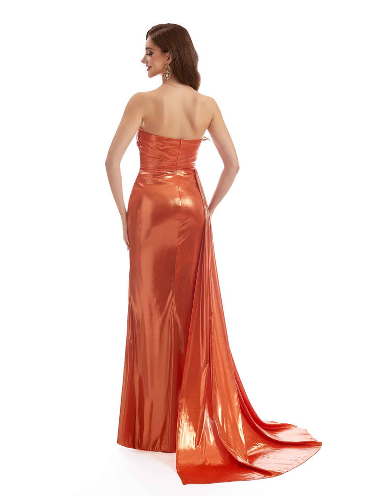 Sexy Side Slit Sweetheart Metallic Stretch Shiny Fabric Mermaid Long Bridesmaid Dresses Online