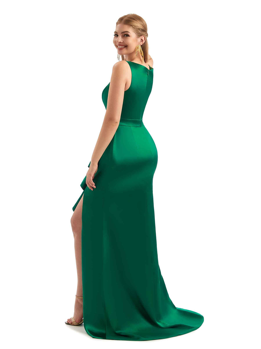 Boat Neck Ruffled Slit Boho Bridesmaid Dress Satin