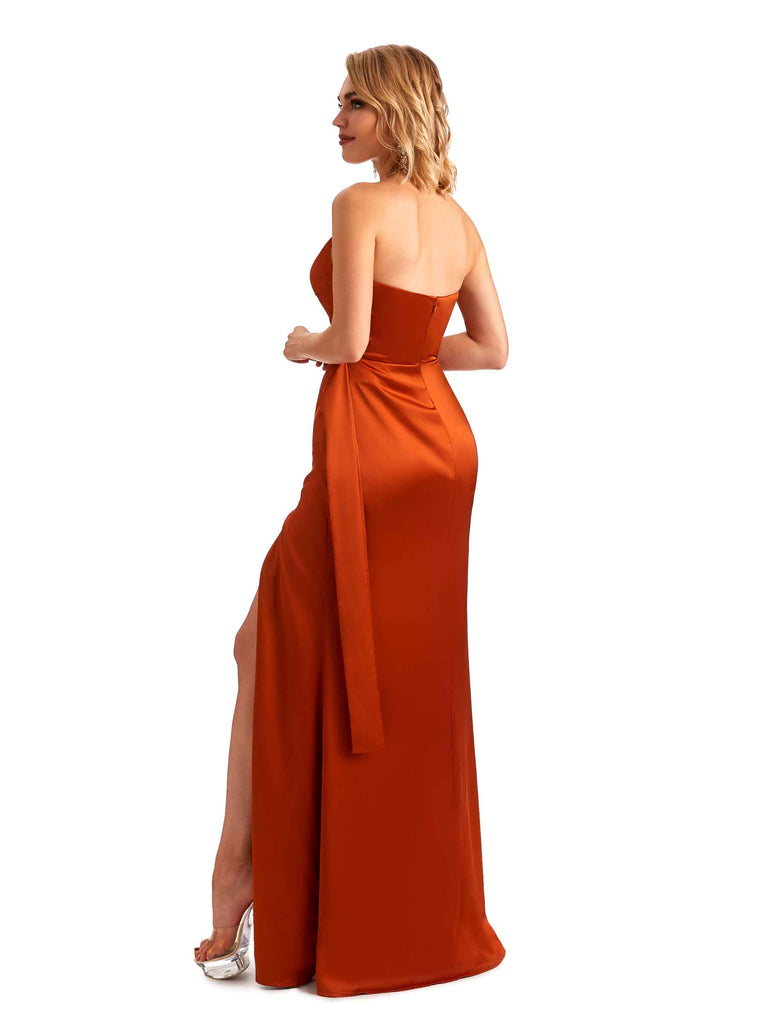 Sexy Side Slit Strapless Mermaid Soft Satin Unique Long Bridesmaid Dress For Wedding