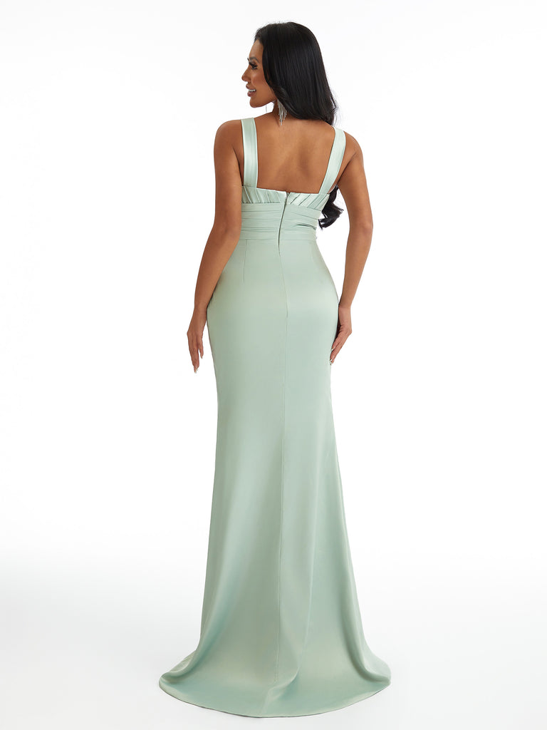 Sexy Mermaid Pleated Satin Unique Long Bridesmaid Dresses Online With Split