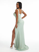 Sexy Mermaid Pleated Satin Unique Long Bridesmaid Dresses Online With Split