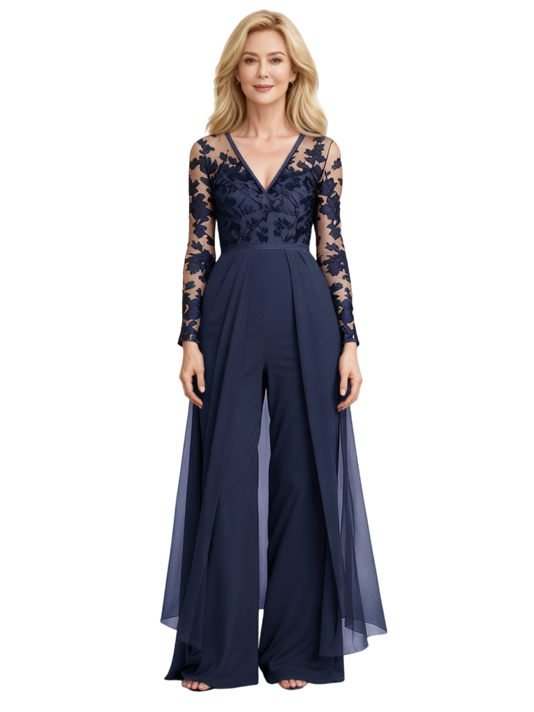 Elegant V-neck Long Sleeves Lace Chiffon Women's Jumpsuit For Mother of The Bride