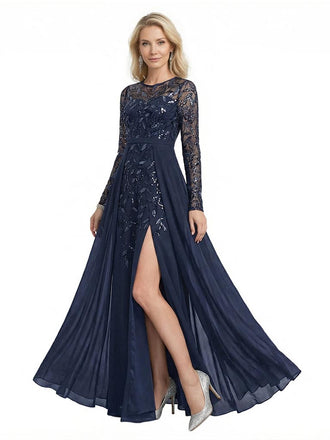 Elegant Illusion Long Sleeves Chiffon Side Slit A-Line Mother Of The Bride Dresses