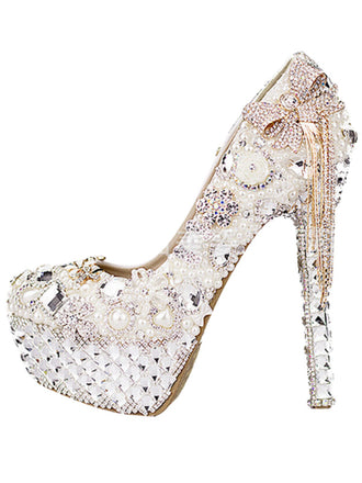 Women's Wedding Shoes Luxury Rhinestone Pearls High Heel Decorative Heel Bridal Shoes,H27