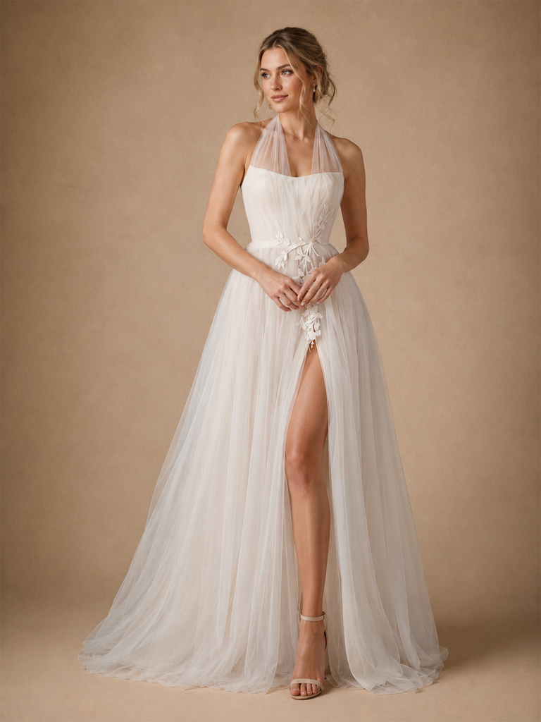 ChicSew Classy Halter Strap Sleeveless Side Slit Tulle A-Line Maxi Long Wedding Dress