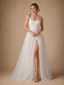 ChicSew Classy Halter Strap Sleeveless Side Slit Tulle A-Line Maxi Long Wedding Dress