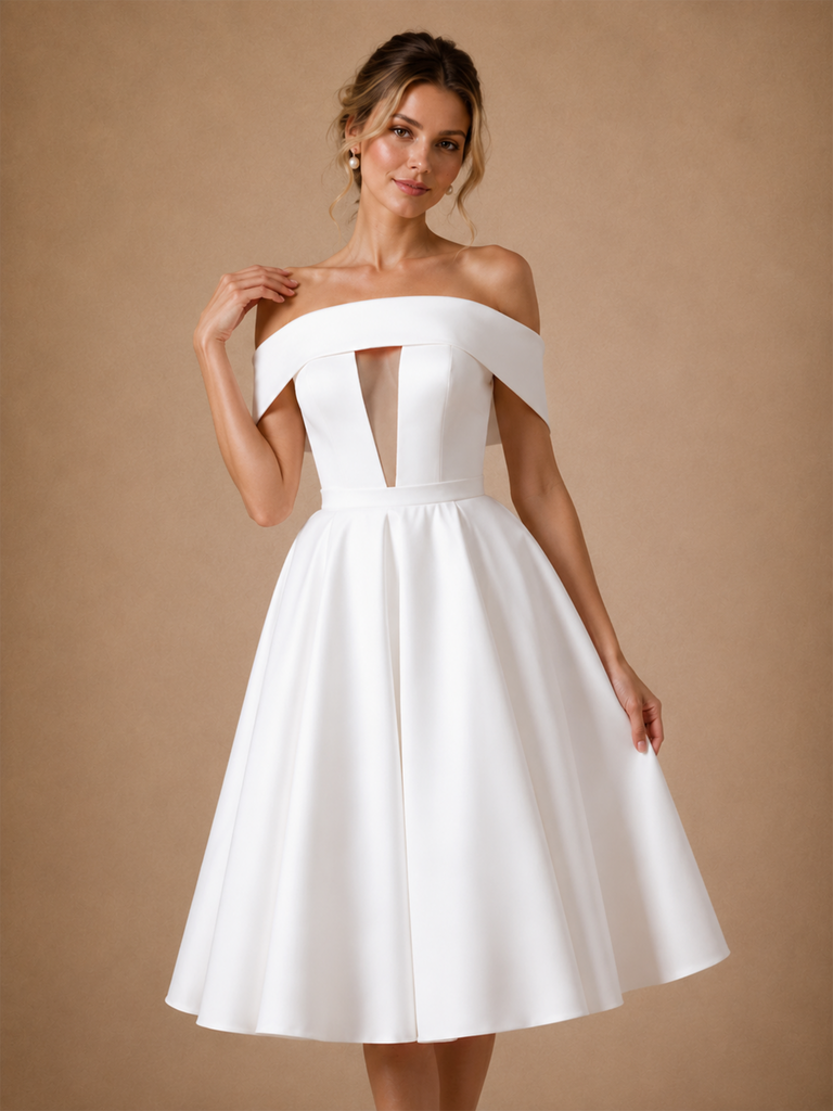 Chicsew Fancy Off The Shoulder Sleeveless A-Line Tea-Length Crepe Wedding Dress