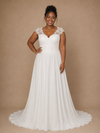 ChicSew Classy V-Neck Lace Applique Chiffon Cap Sleeves A-Line Pleated Floor-Length Wedding Dress