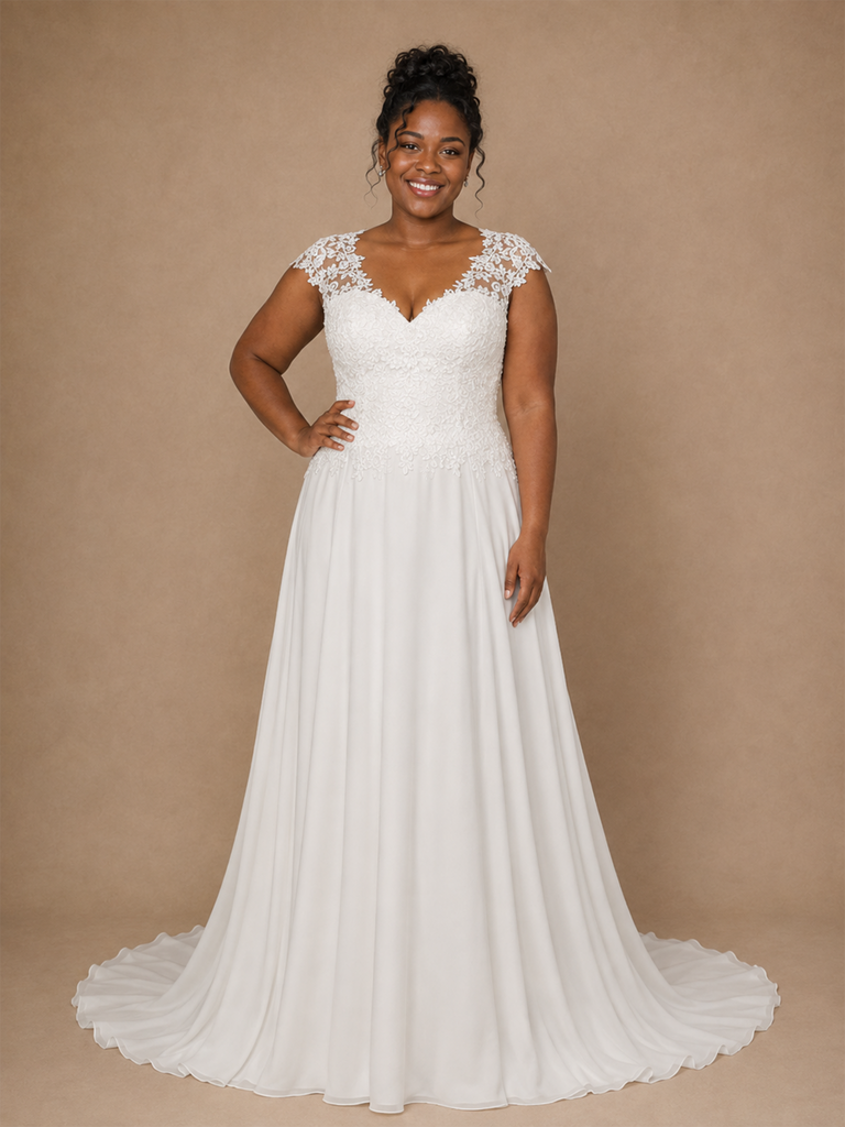 ChicSew Classy V-Neck Lace Applique Chiffon Cap Sleeves A-Line Pleated Floor-Length Wedding Dress