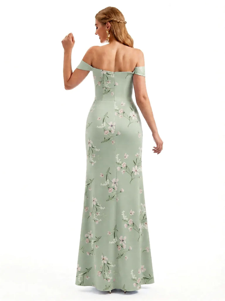 Beautiful Off Shoulder Side Slit Mermaid Floral Satin Maxi Floral Formal Dresses For Women