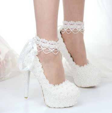 Women's Wedding Shoes Lace Pearls High Heel Decorative Heel Bridal Shoes,H28