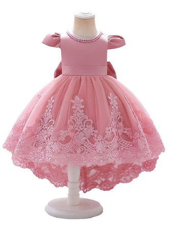 Flower Girls Dress Formal Lace Top with Bow A-line Princess Gown for Wedding Kids Tutu Dresses