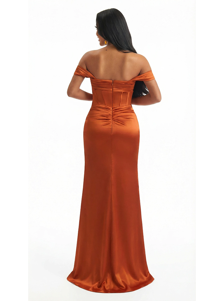 Sexy Off The Shoulder Ruched Satin Mermaid Long Evening Formal Dresses With Side Slit Boning