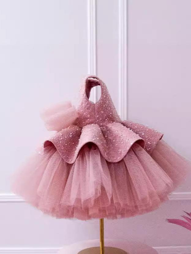 Lovely Puffy Tulle Kids Formal Wear Gowns Flower Girl Dresses with Hand Made Flowers Girls Pageant Gown