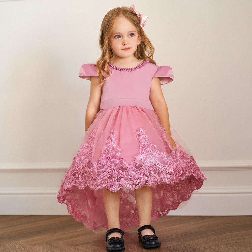 Flower Girls Dress Formal Lace Top with Bow A-line Princess Gown for Wedding Kids Tutu Dresses