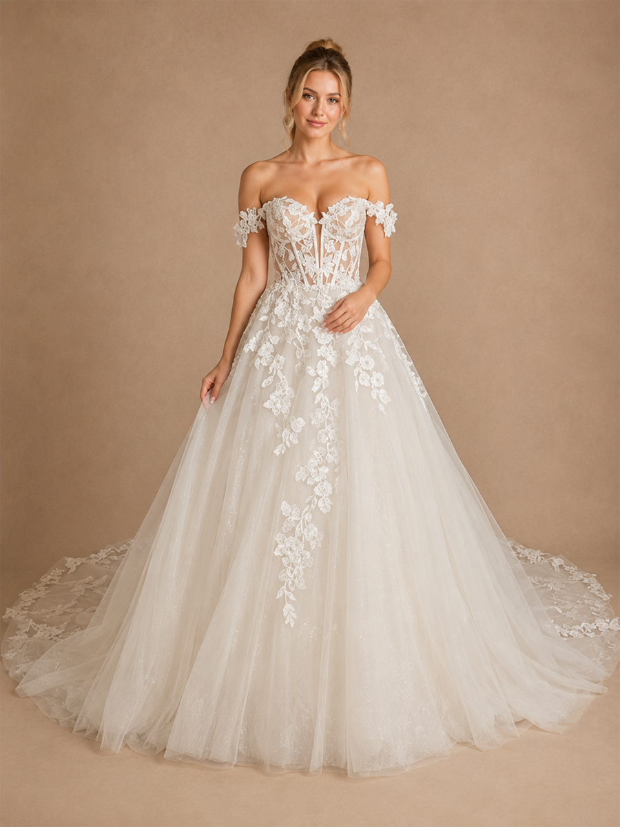 ChicSew Classy Off The Shoulder Sleeveless Lace Tulle A-Line Maxi Wedding Dress With Boning