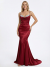 Sexy Spaghetti Straps Mermaid Beading Long Satin Evening Prom Dresses with Trailing