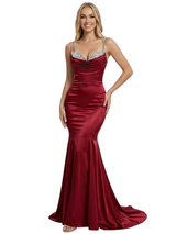 Sexy Spaghetti Straps Mermaid Beaded Long Satin Evening Prom Dresses
