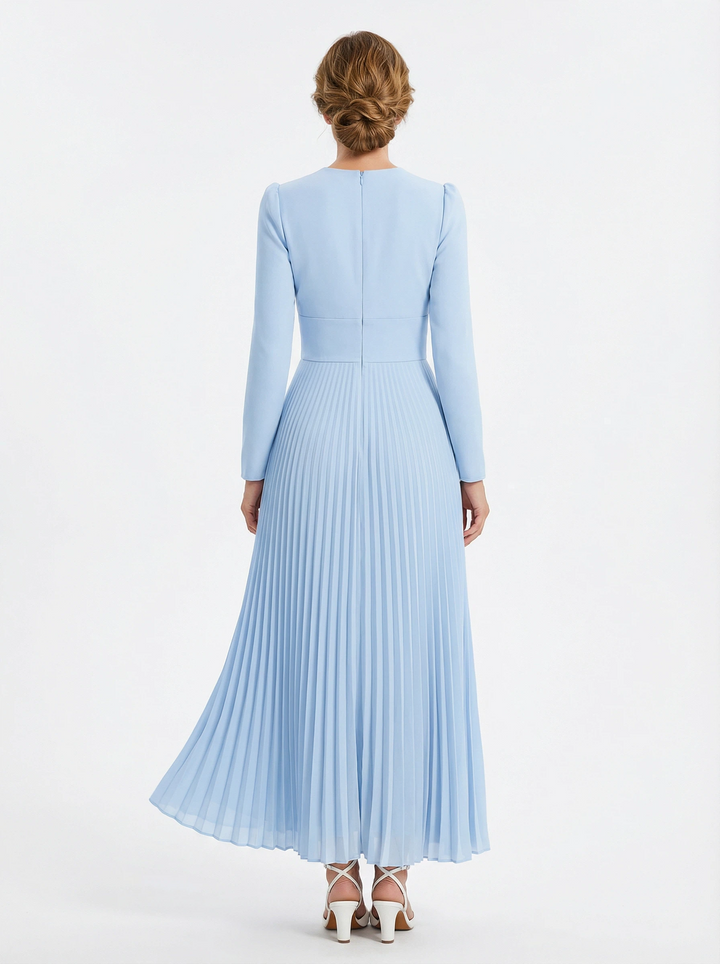 Long Sleeves V-Neck Satin Bodice Pleated Chiffon Long Mother of the Bride dresses