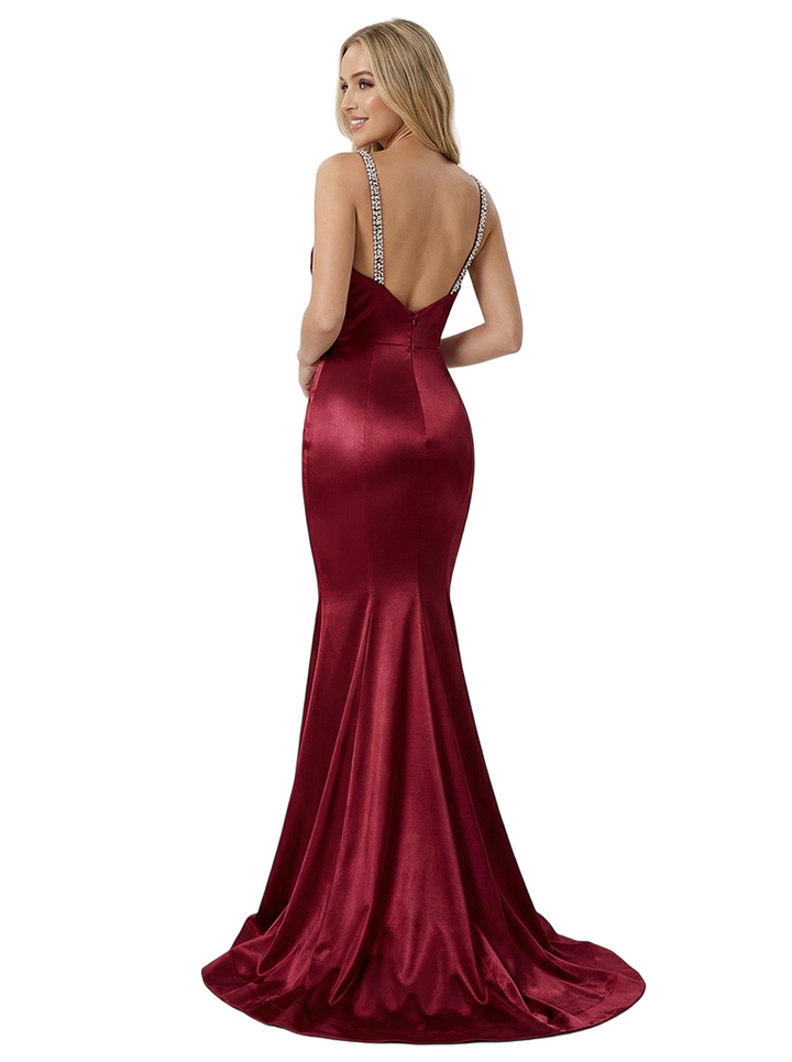 Sexy Spaghetti Straps Mermaid Beaded Long Satin Evening Prom Dresses
