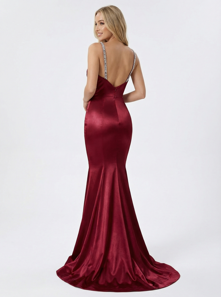Sexy Spaghetti Straps Mermaid Beading Long Satin Evening Prom Dresses with Trailing