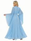 High Neck Pleated Chiffon Mother Of The Bride Dress Bell Sleeves A-Line Maxi Gown with Waist Sash