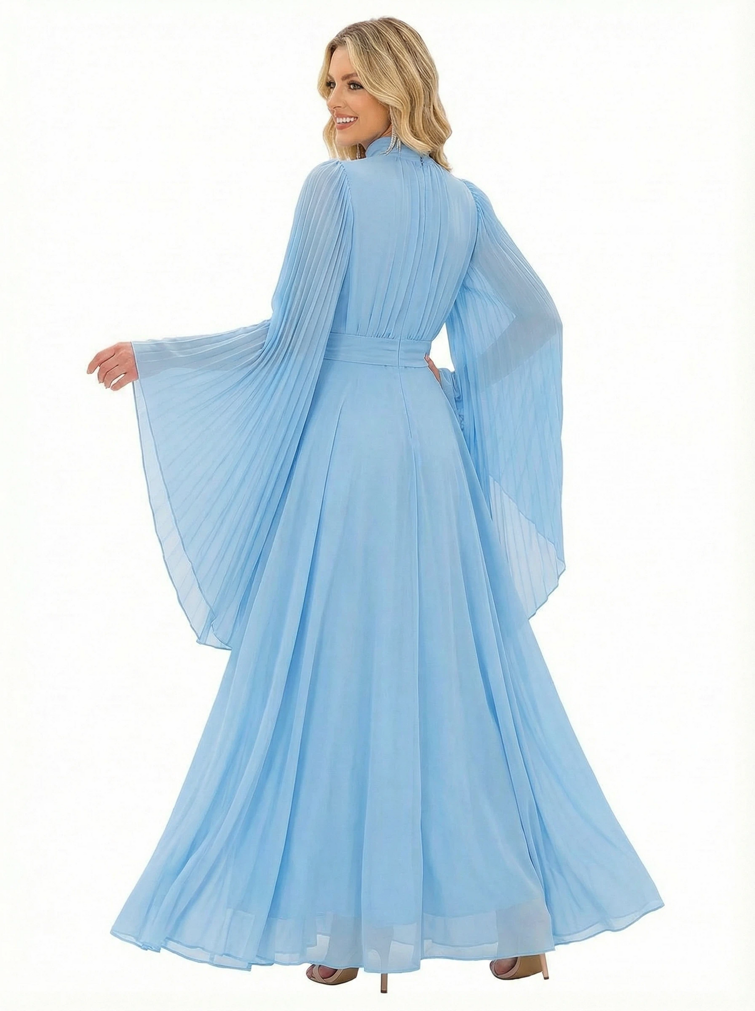 High Neck Pleated Chiffon Mother Of The Bride Dress Bell Sleeves A-Line Maxi Gown with Waist Sash