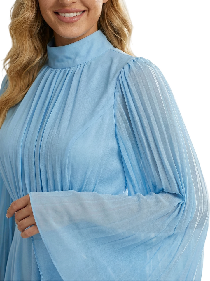 High Neck Pleated Chiffon Mother Of The Bride Dress Bell Sleeves A-Line Maxi Gown with Waist Sash