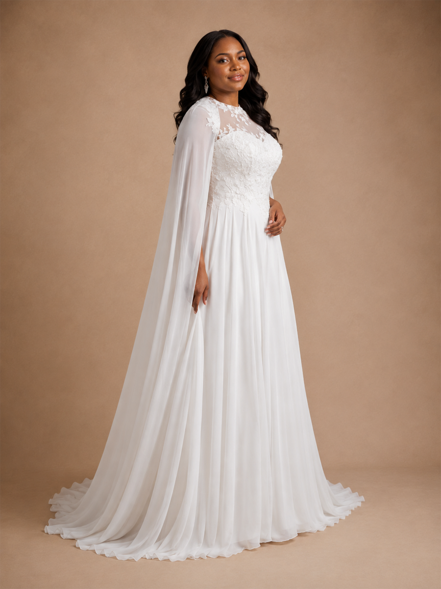 ChicSew Modern Illusion Long Cape Sleeves A-Line Lace Appliques Chiffon Maxi Wedding Dress
