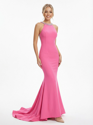 Elegant Halter Mermaid Jersey Evening Prom Dresses with Bowknot