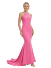 Elegant Halter Mermaid Crepe Beaded Evening Prom Dresses with Bowknot