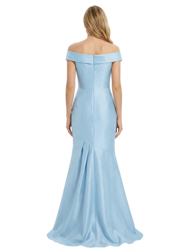 Simple V-Neck Off Shoulder Ruching Mermaid Satin Mother of the Groom Evening Dress