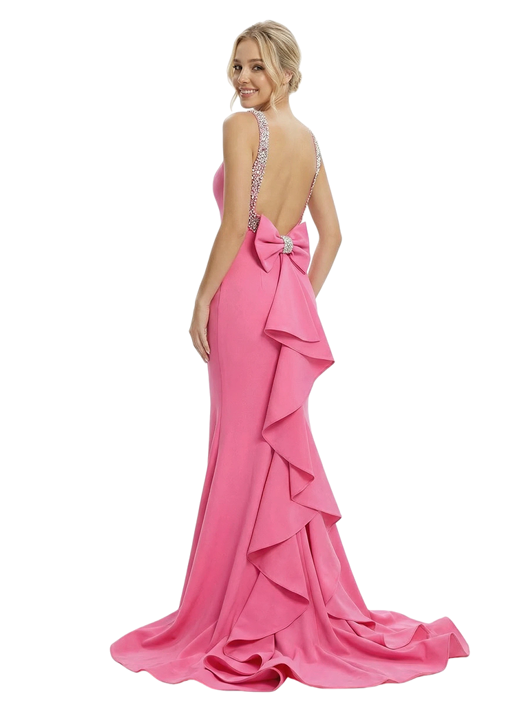 Elegant Halter Mermaid Crepe Beaded Evening Prom Dresses with Bowknot