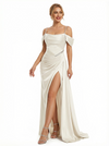 Elegant Cold Shoulder Mermaid Side Slit Evening Satin Prom Dresses with Pleats