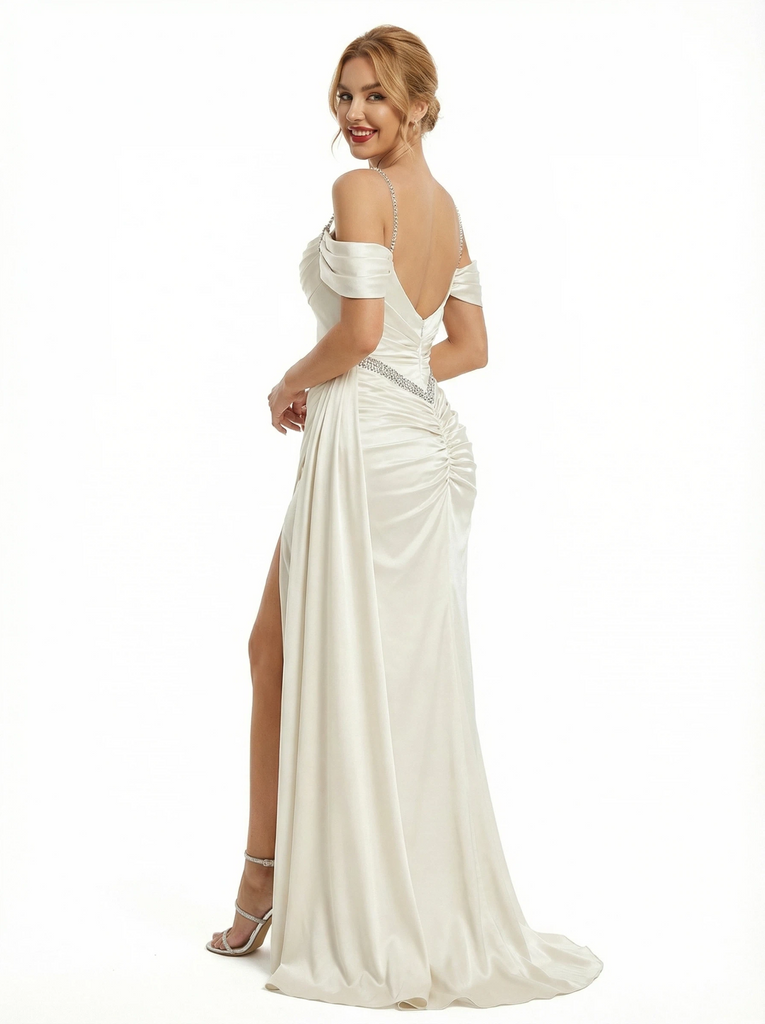 Elegant Cold Shoulder Mermaid Side Slit Evening Satin Prom Dresses with Pleats