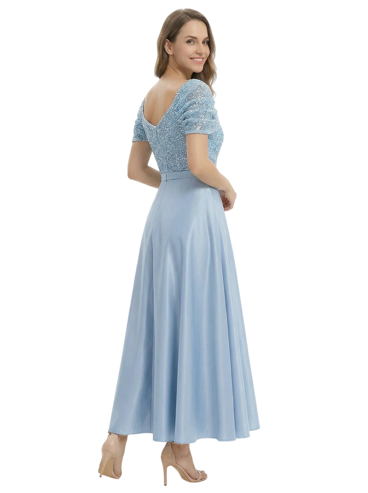 Elegant Cap Sleeve A-Line Sequin Satin Short Mother of the Groom Evening Dress