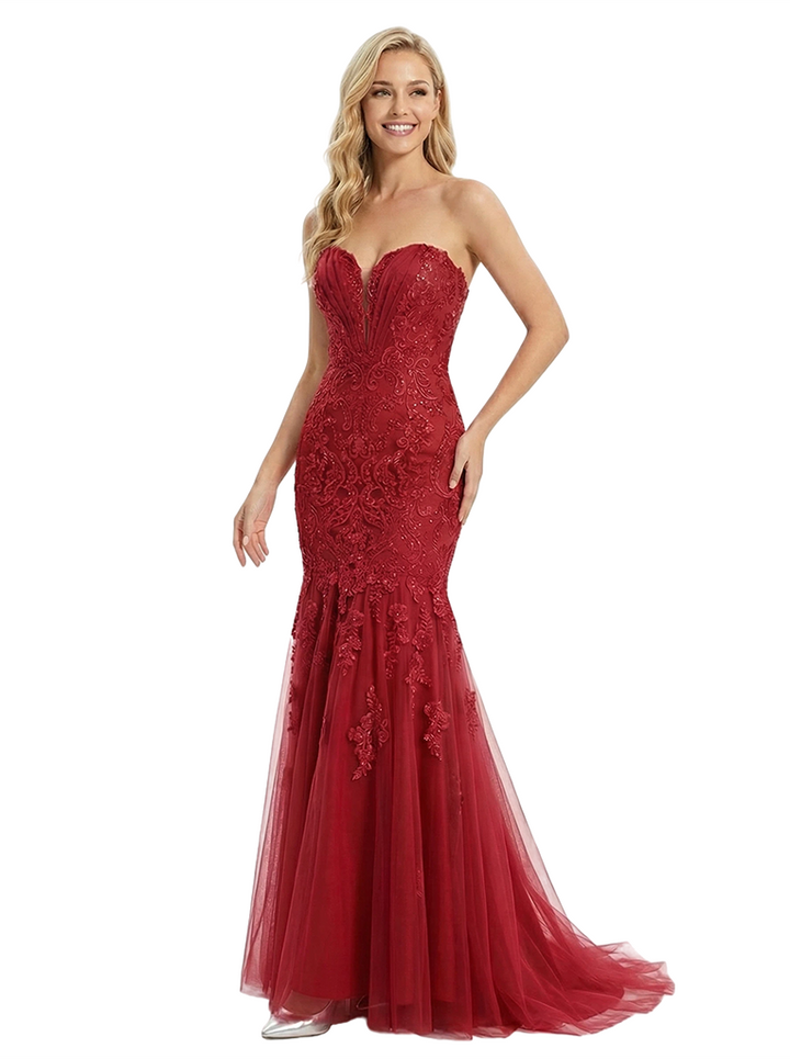 Sexy Strapless Sweetheart Lace Mermaid Formal Evening Prom Dress