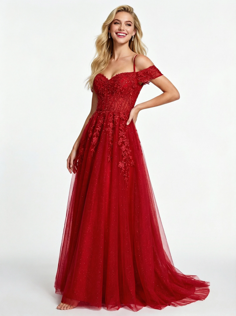 Elegant Cold Shoulder Lace A-line Tulle Prom Dress with Applique