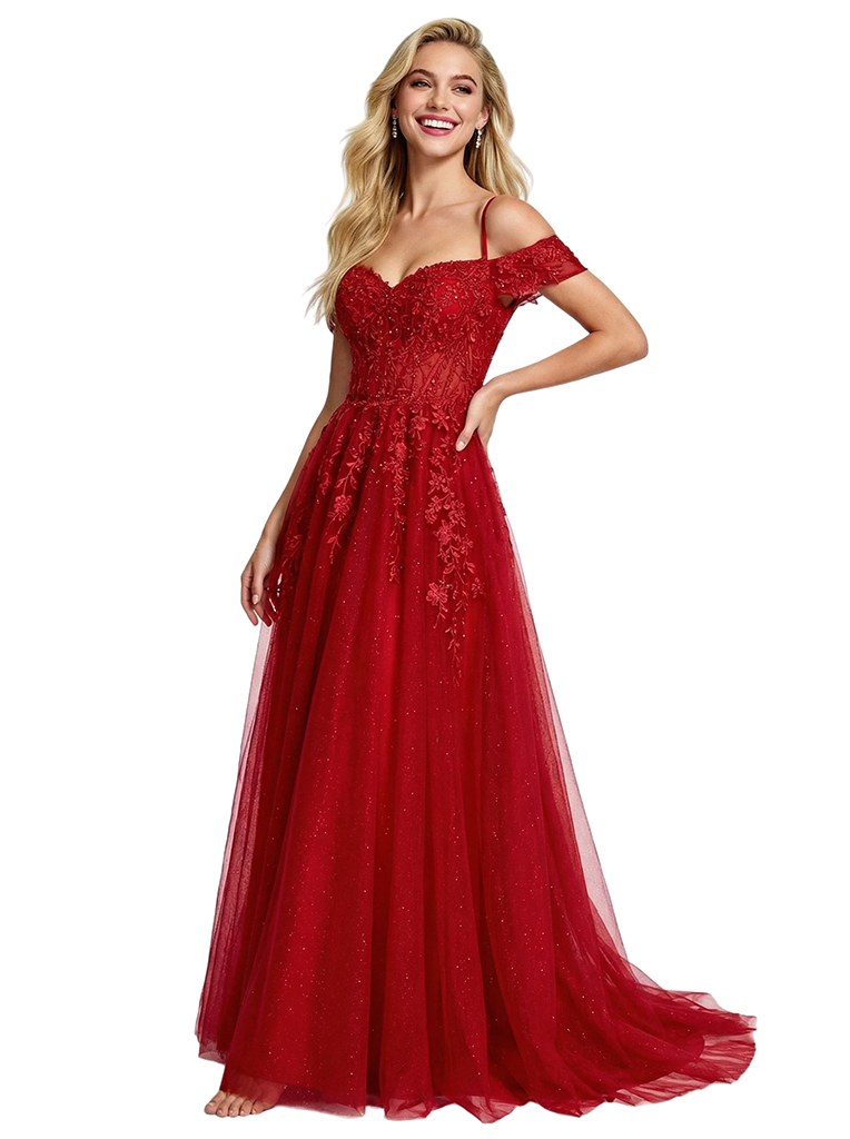 Elegant Cold Shoulder Long Lace A-line Party Prom Dress
