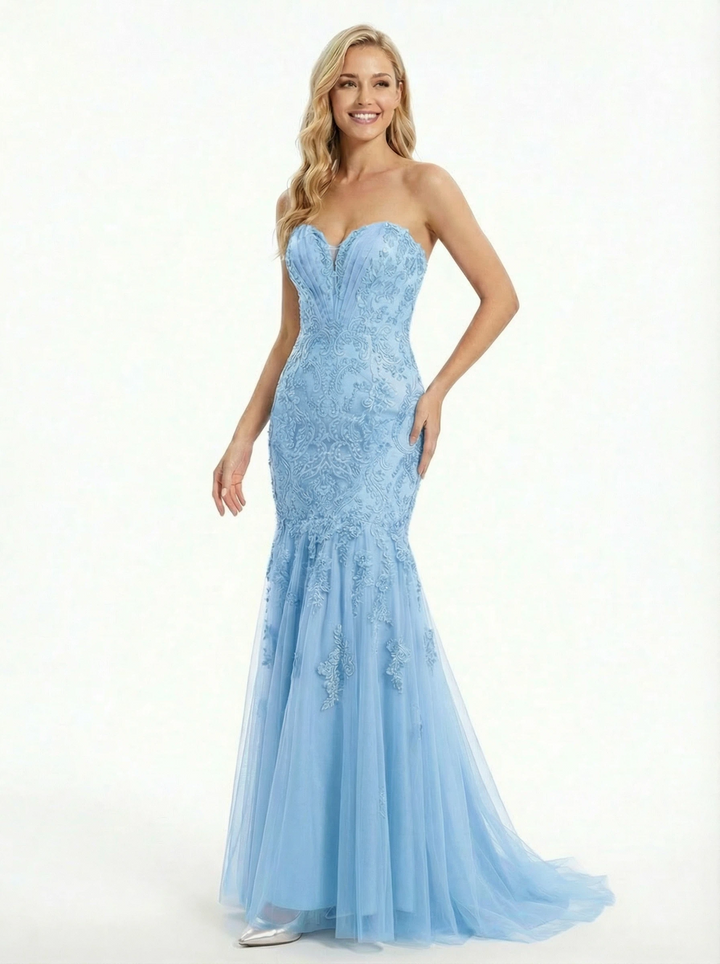 Sexy Strapless Sweetheart Lace Mermaid Formal Prom Dress for Evening