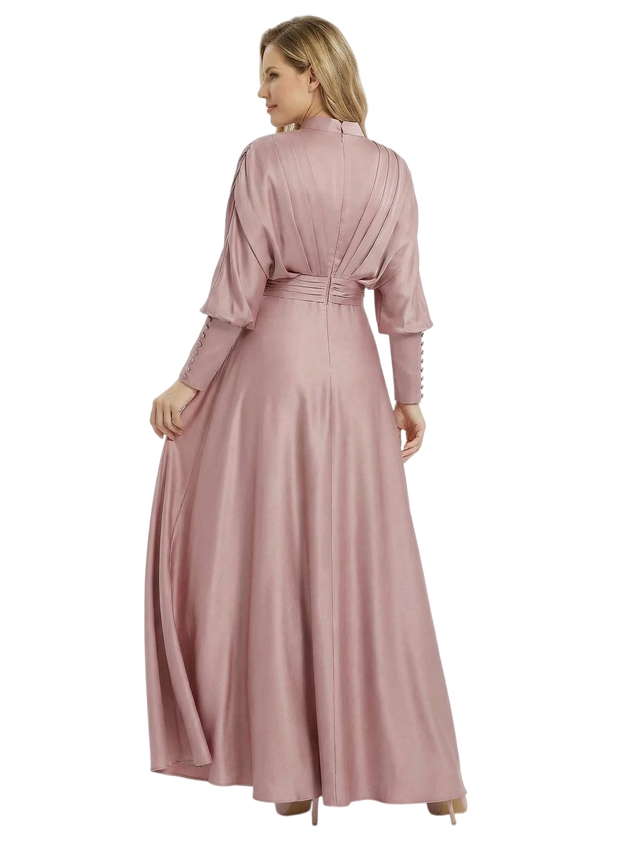 Stand Collar Satin Mother Of The Groom Dress Puff Sleeve Maxi Gown With Ruched Bodice Button Cuffs Waist Sash Luxe Elegant Formal Dresses