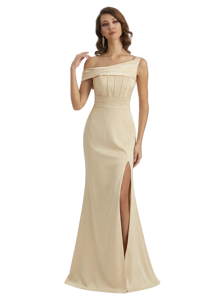Elegant One Shoulder Mermaid Ruched Satin Long Formal Dresses Side Slit With Bonings
