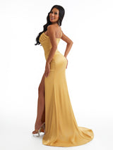 Sexy Mermaid One Shoulder Satin Ruched Long Bridesmaid Dresses Online With Split