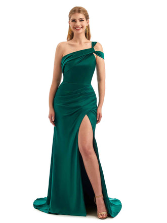 Sexy Side Slit One Shoulder Mermaid Soft Satin Unique Long Bridesmaid Dress For Wedding