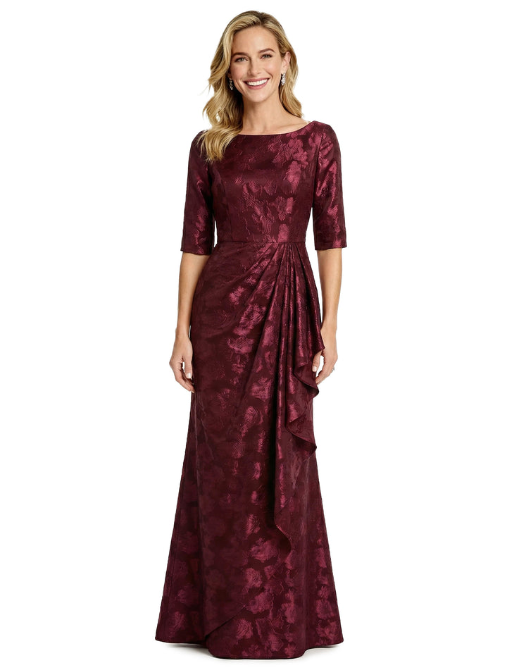 Elegant Scoop Half Sleeves Floral Burnout Chiffon Mermaid Formal Evening Dresses