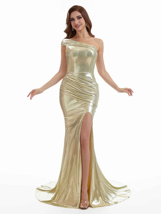 Sexy One Shoulder Side Slit Mermaid Metallic Stretch Shiny Fabric Long Bridesmaid Dresses Online