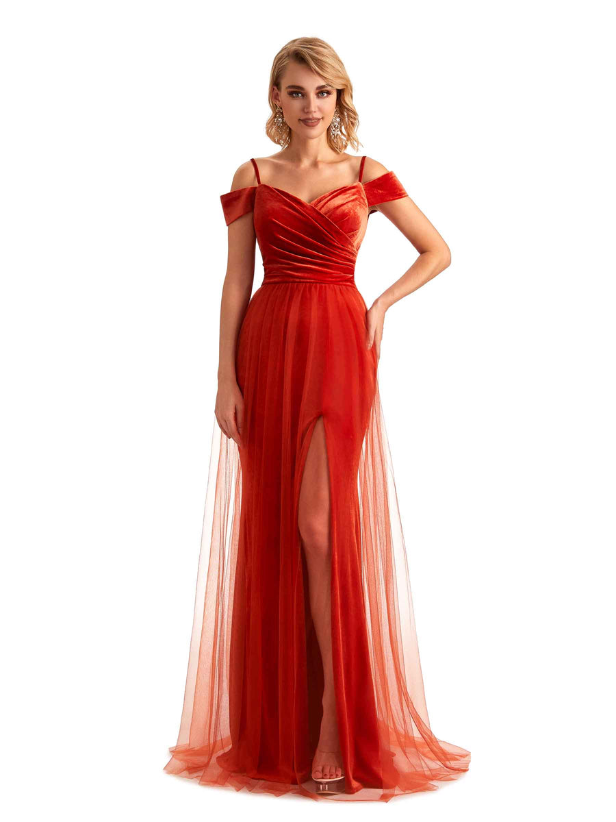 Winter Cold Shoulder Tulle Velvet Bridesmaid Dresses - ChicSew