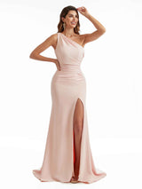 Sexy Side Split Mermaid One Shoulder Stretch Crepe Long Bridesmaid Dresses Online
